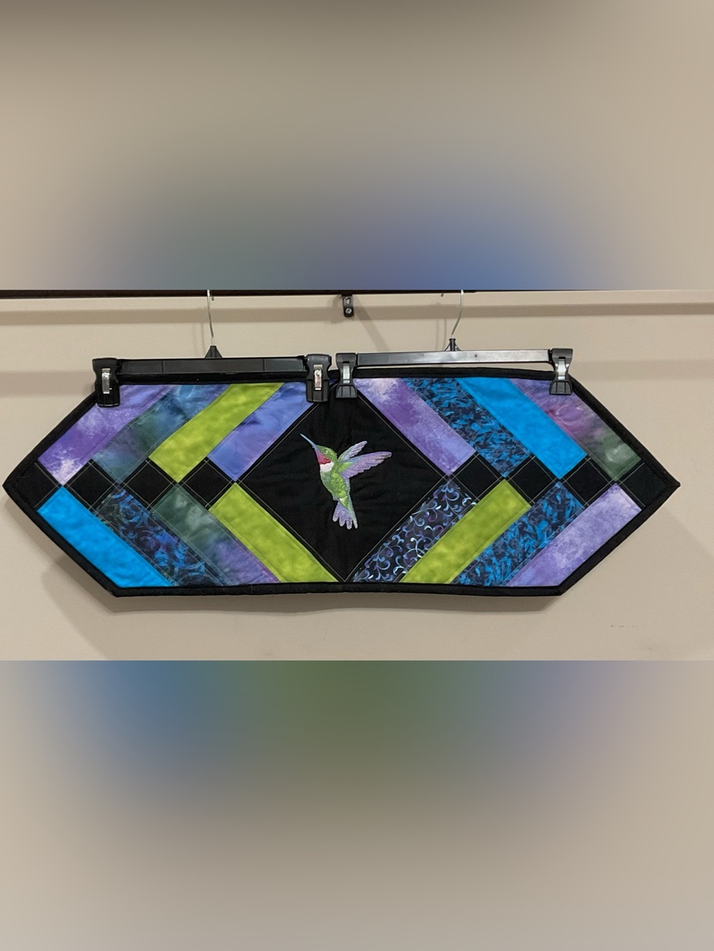 Quilted Hummingbird Table Runner Handmade Embroidered Patchwork OOAK